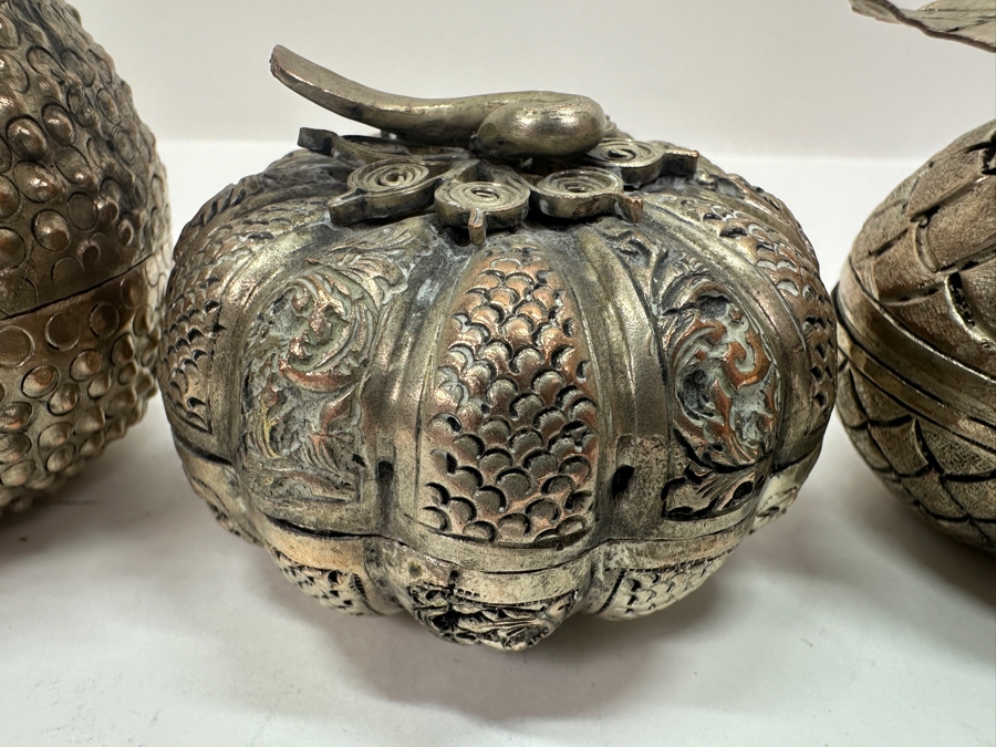 (3) Vintage .800-.900 Silver Cambodian Fruit Betel Boxes Khmer Craftmanship 276g (80% Silver - Silver Melt Value $233) [Photo 7]