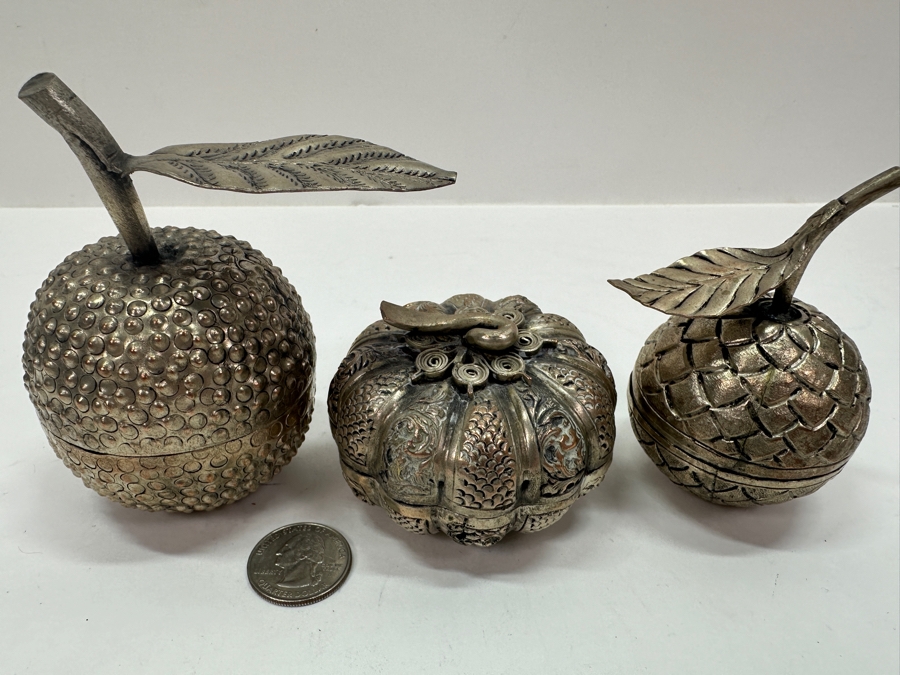 (3) Vintage .800-.900 Silver Cambodian Fruit Betel Boxes Khmer Craftmanship 276g (80% Silver - Silver Melt Value $233) [Photo 5]