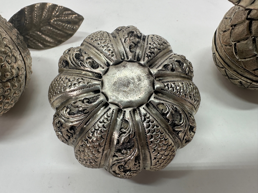 (3) Vintage .800-.900 Silver Cambodian Fruit Betel Boxes Khmer Craftmanship 276g (80% Silver - Silver Melt Value $233) [Photo 13]