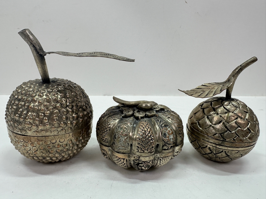 (3) Vintage .800-.900 Silver Cambodian Fruit Betel Boxes Khmer Craftmanship 276g (80% Silver - Silver Melt Value $233) [Photo 3]