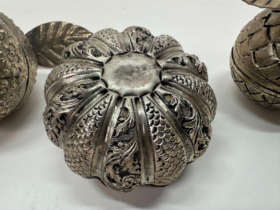 (3) Vintage .800-.900 Silver Cambodian Fruit Betel Boxes Khmer Craftmanship 276g (80% Silver - Silver Melt Value $233) [Photo 12]