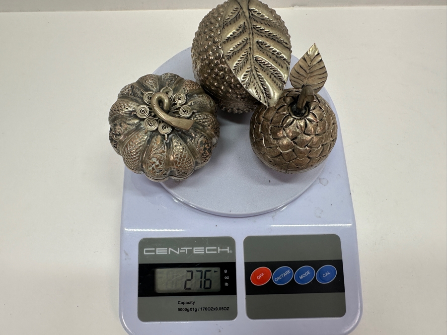 (3) Vintage .800-.900 Silver Cambodian Fruit Betel Boxes Khmer Craftmanship 276g (80% Silver - Silver Melt Value $233) [Photo 16]