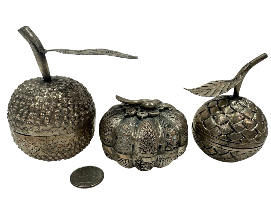(3) Vintage .800-.900 Silver Cambodian Fruit Betel Boxes Khmer Craftmanship 276g (80% Silver - Silver Melt Value $233) [Photo 1]