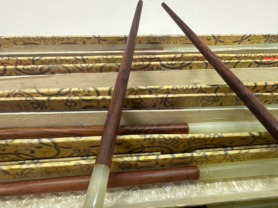 Set Of 12 Chinese Wooden / Jade Chopsticks With Original Boxes [Photo 6]
