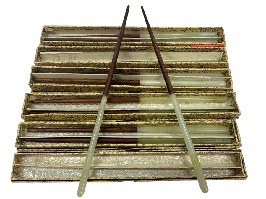 Set Of 12 Chinese Wooden / Jade Chopsticks With Original Boxes [Photo 1]