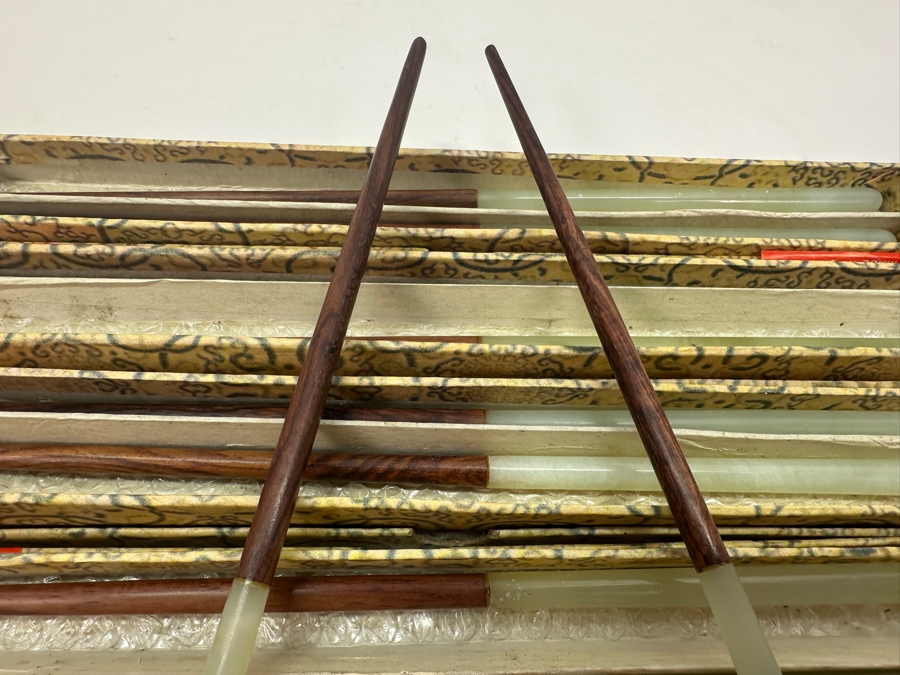 Set Of 12 Chinese Wooden / Jade Chopsticks With Original Boxes [Photo 5]