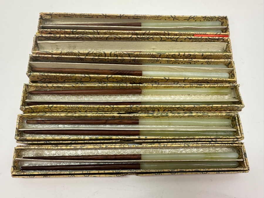 Set Of 12 Chinese Wooden / Jade Chopsticks With Original Boxes [Photo 9]