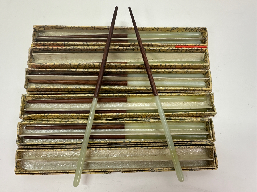 Set Of 12 Chinese Wooden / Jade Chopsticks With Original Boxes [Photo 3]