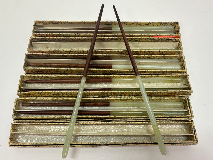 Set Of 12 Chinese Wooden / Jade Chopsticks With Original Boxes [Photo 2]