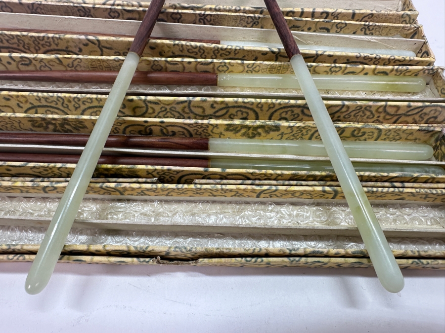Set Of 12 Chinese Wooden / Jade Chopsticks With Original Boxes [Photo 4]
