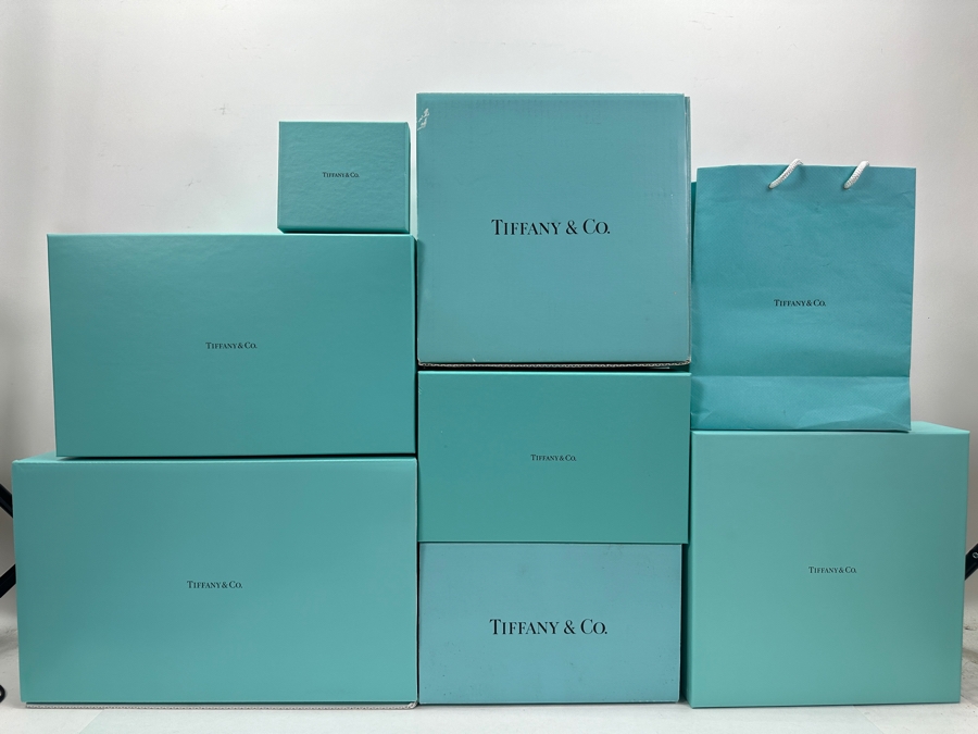 Collection of (7) Tiffany Boxes and (1) Bag Ranging from Approximately 5'W x 4'H x 2'D up to 15'W x 9H x 7D [Photo 3]