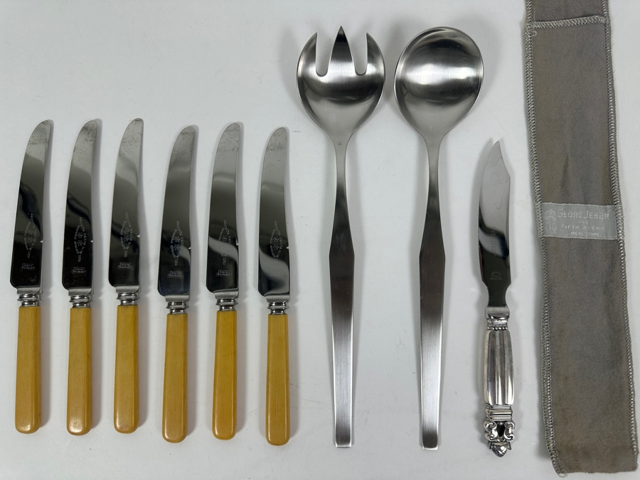 (1) Sterling Silver Georg Jensen Knife, (1) Modernist Set Of Hackman Finland Stainless Steel Salad Serving Set And (6) Vintage Arthur Price & Co Sheffield England Knives [Photo 3]