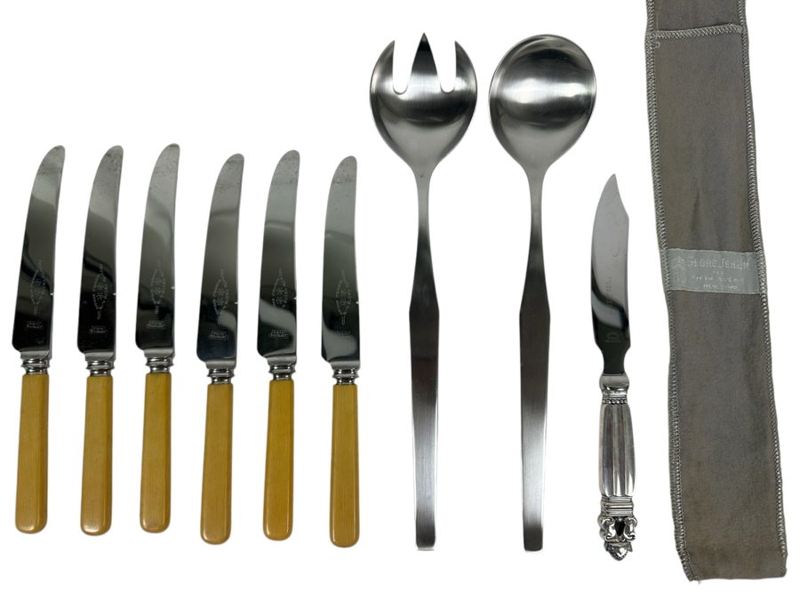 (1) Sterling Silver Georg Jensen Knife, (1) Modernist Set Of Hackman Finland Stainless Steel Salad Serving Set And (6) Vintage Arthur Price & Co Sheffield England Knives [Photo 1]