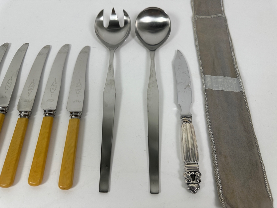 (1) Sterling Silver Georg Jensen Knife, (1) Modernist Set Of Hackman Finland Stainless Steel Salad Serving Set And (6) Vintage Arthur Price & Co Sheffield England Knives [Photo 9]