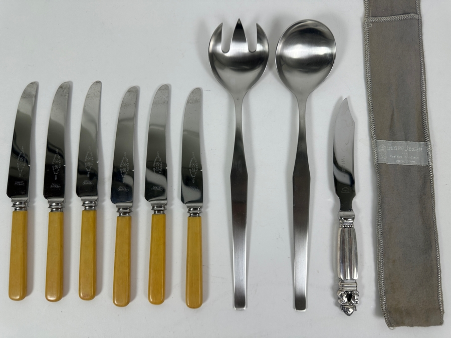 (1) Sterling Silver Georg Jensen Knife, (1) Modernist Set Of Hackman Finland Stainless Steel Salad Serving Set And (6) Vintage Arthur Price & Co Sheffield England Knives [Photo 2]