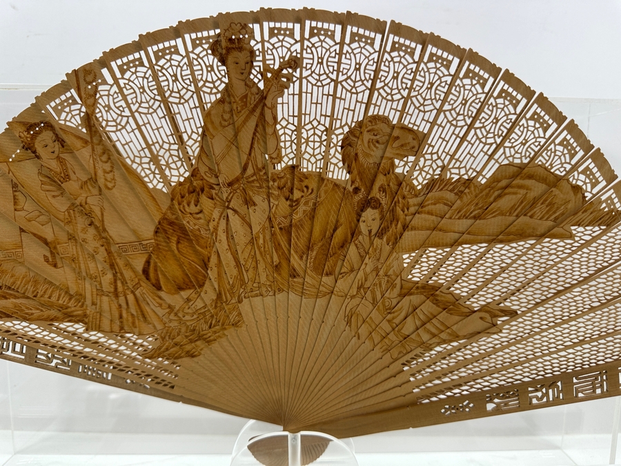 Vintage Chinese Intricately Carved Wooden Hand Fan in Lucite Display Case 18'W x 5.5'D x 12.75'H  [Photo 12]