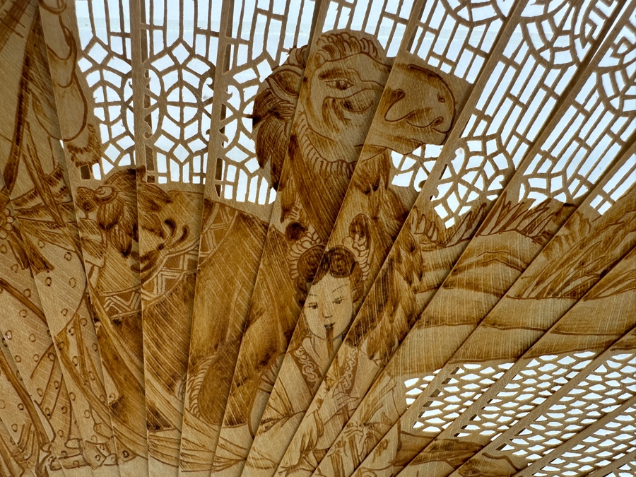 Vintage Chinese Intricately Carved Wooden Hand Fan in Lucite Display Case 18'W x 5.5'D x 12.75'H  [Photo 14]