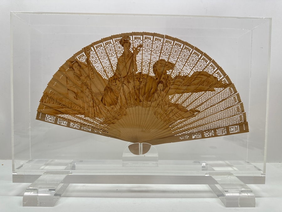 Vintage Chinese Intricately Carved Wooden Hand Fan in Lucite Display Case 18'W x 5.5'D x 12.75'H  [Photo 1]