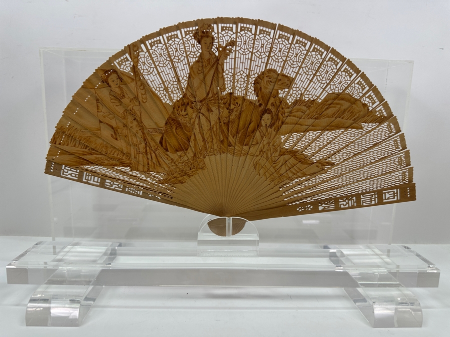 Vintage Chinese Intricately Carved Wooden Hand Fan in Lucite Display Case 18'W x 5.5'D x 12.75'H  [Photo 10]