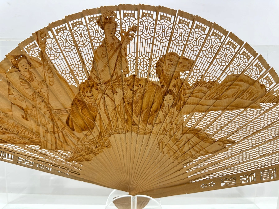 Vintage Chinese Intricately Carved Wooden Hand Fan in Lucite Display Case 18'W x 5.5'D x 12.75'H  [Photo 13]