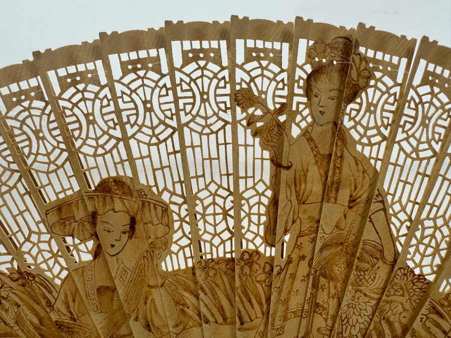 Vintage Chinese Intricately Carved Wooden Hand Fan in Lucite Display Case 18'W x 5.5'D x 12.75'H  [Photo 6]