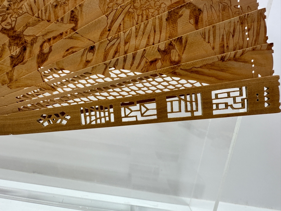 Vintage Chinese Intricately Carved Wooden Hand Fan in Lucite Display Case 18'W x 5.5'D x 12.75'H  [Photo 8]