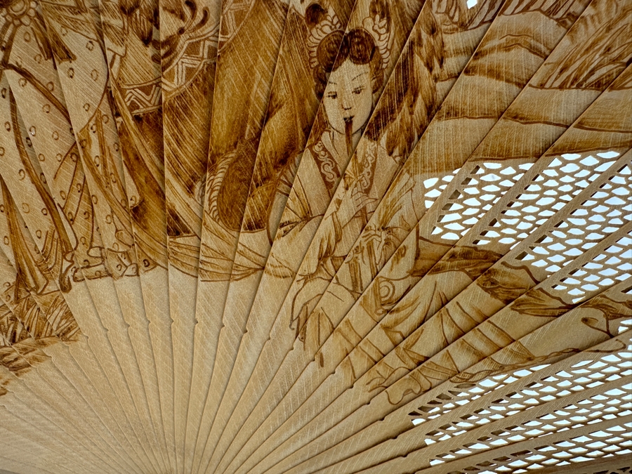 Vintage Chinese Intricately Carved Wooden Hand Fan in Lucite Display Case 18'W x 5.5'D x 12.75'H  [Photo 15]