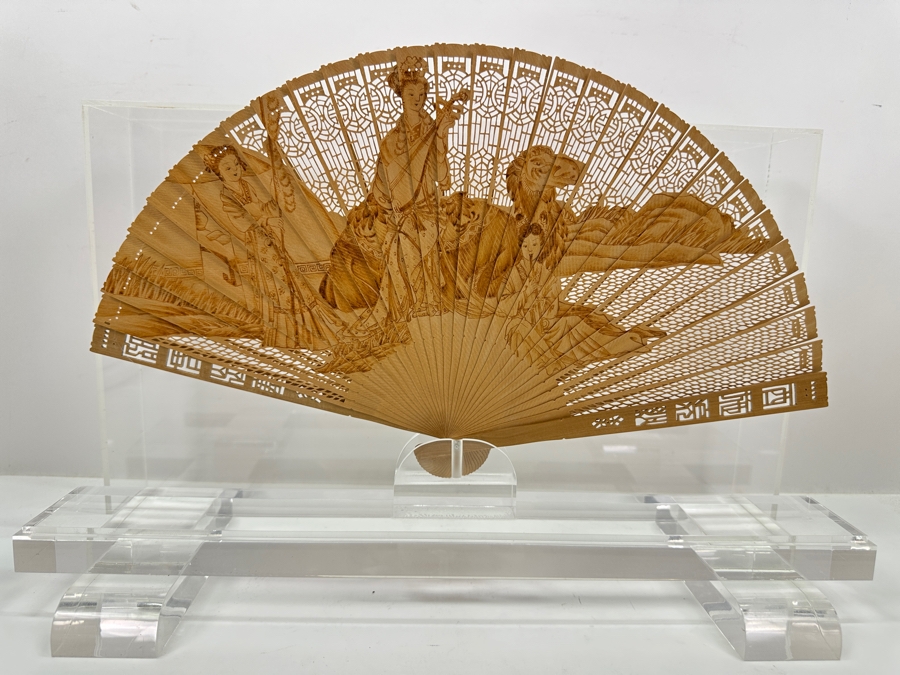 Vintage Chinese Intricately Carved Wooden Hand Fan in Lucite Display Case 18'W x 5.5'D x 12.75'H  [Photo 11]