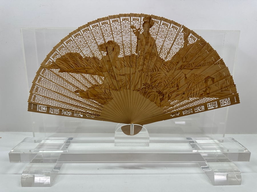 Vintage Chinese Intricately Carved Wooden Hand Fan in Lucite Display Case 18'W x 5.5'D x 12.75'H  [Photo 3]