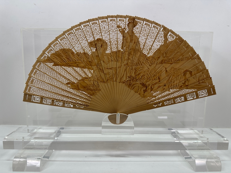 Vintage Chinese Intricately Carved Wooden Hand Fan in Lucite Display Case 18'W x 5.5'D x 12.75'H  [Photo 4]