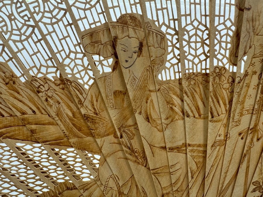 Vintage Chinese Intricately Carved Wooden Hand Fan in Lucite Display Case 18'W x 5.5'D x 12.75'H  [Photo 7]