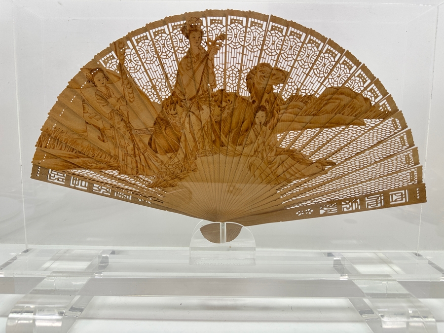 Vintage Chinese Intricately Carved Wooden Hand Fan in Lucite Display Case 18'W x 5.5'D x 12.75'H  [Photo 19]