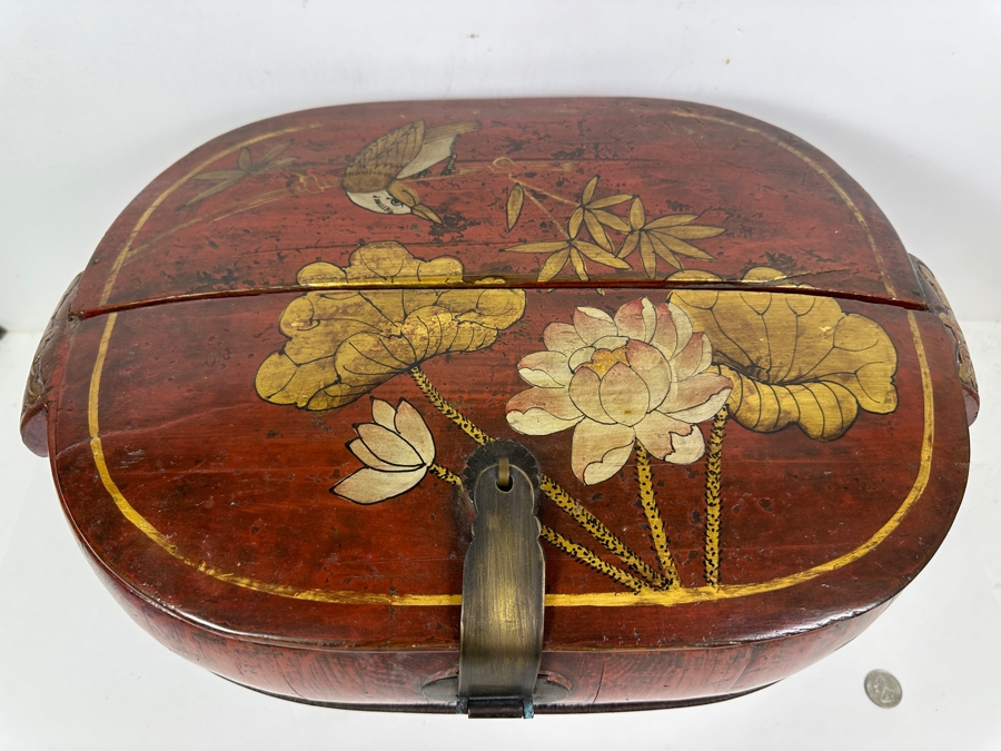 Antique Chinese Hand Painted Lacquer Wedding Box 18.5W x 12'D x 11'H [Photo 5]