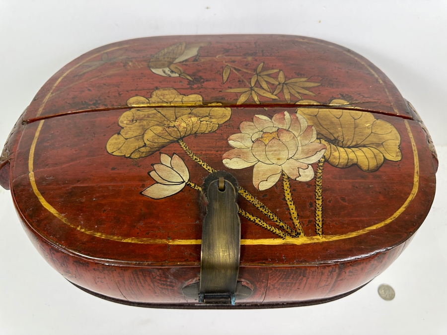Antique Chinese Hand Painted Lacquer Wedding Box 18.5W x 12'D x 11'H [Photo 4]