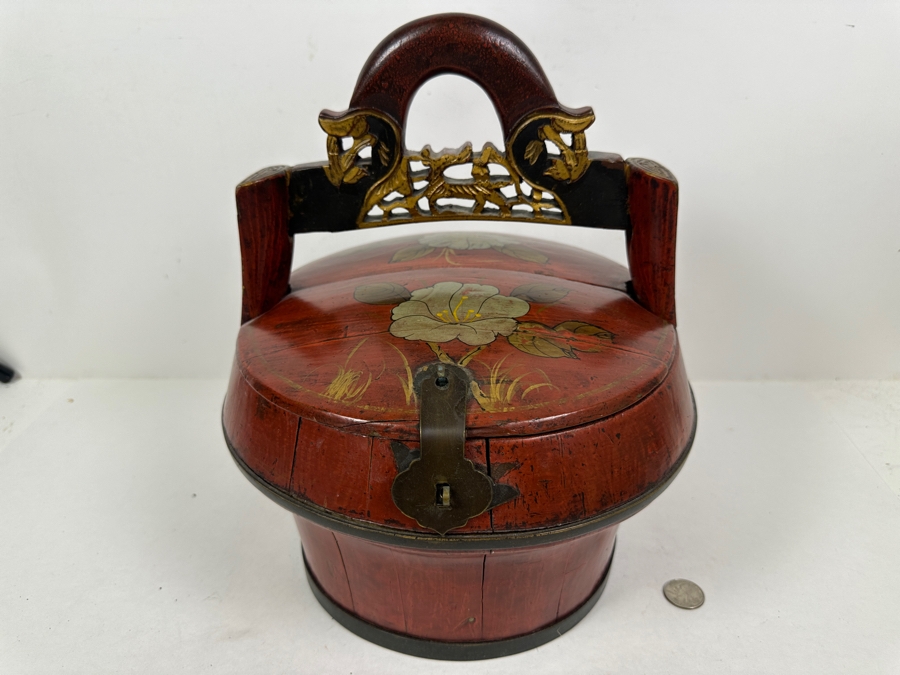 Antique Chinese Hand Painted Lacquer Wedding Box 11W x 11'D x 12.5'H [Photo 3]