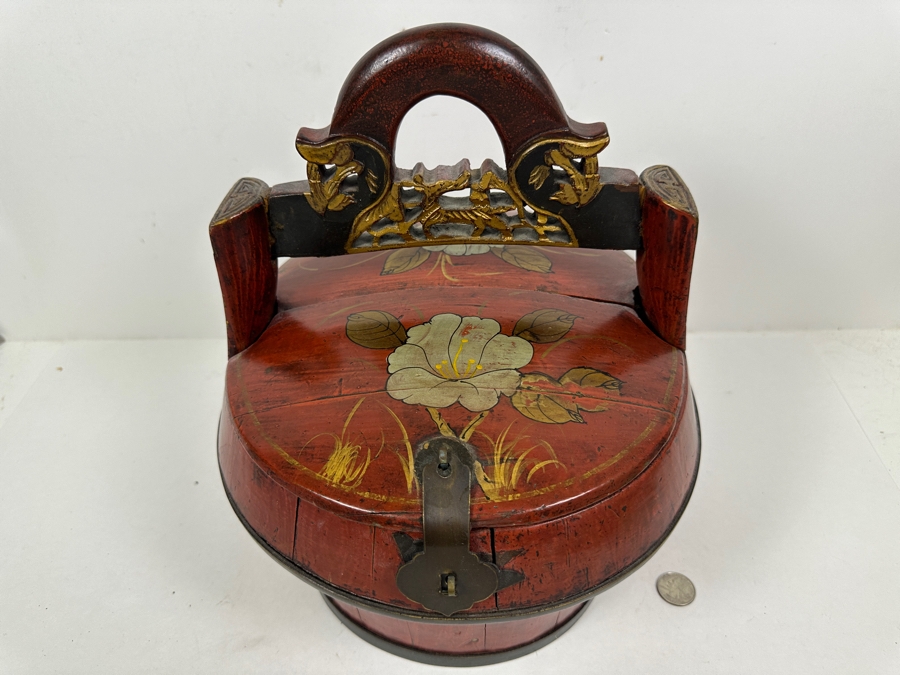 Antique Chinese Hand Painted Lacquer Wedding Box 11W x 11'D x 12.5'H [Photo 4]