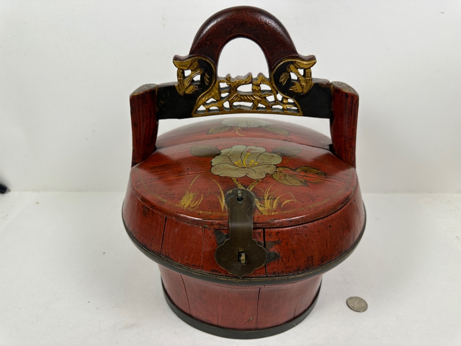 Antique Chinese Hand Painted Lacquer Wedding Box 11W x 11'D x 12.5'H [Photo 2]