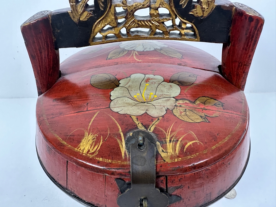 Antique Chinese Hand Painted Lacquer Wedding Box 11W x 11'D x 12.5'H [Photo 8]