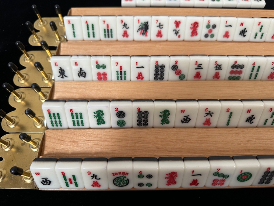 Chinese Mahjong Tile Set Including Wooden Racks and 144 Tiles Plus 8 Bonus Tiles [Photo 2]