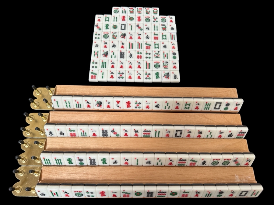Chinese Mahjong Tile Set Including Wooden Racks and 144 Tiles Plus 8 Bonus Tiles