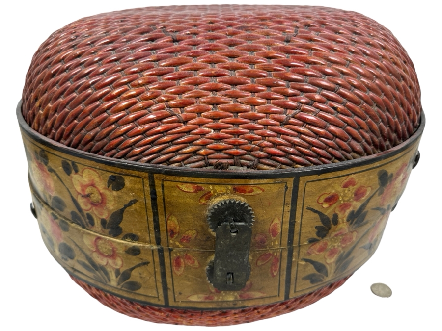 Antique Chinese Woven Willow Wedding Basket 16.5'W x 12'H