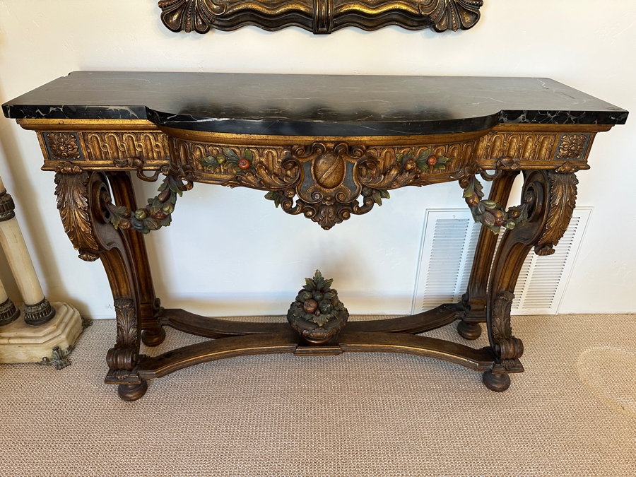 Stunning Antique Carved Wooden Polychrome Console Table With Marble Top 51W X 18D X 34.5H [Photo 2]