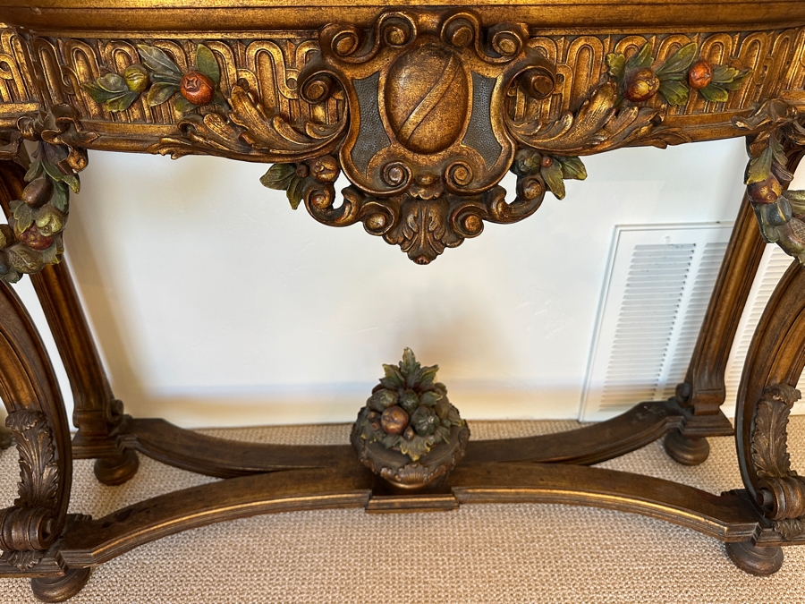 Stunning Antique Carved Wooden Polychrome Console Table With Marble Top 51W X 18D X 34.5H [Photo 5]