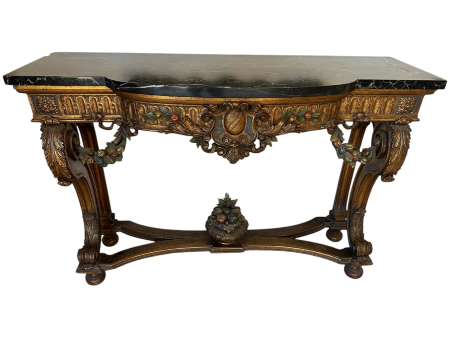 Stunning Antique Carved Wooden Polychrome Console Table With Marble Top 51W X 18D X 34.5H [Photo 1]