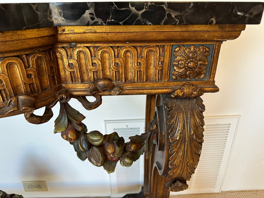 Stunning Antique Carved Wooden Polychrome Console Table With Marble Top 51W X 18D X 34.5H [Photo 7]