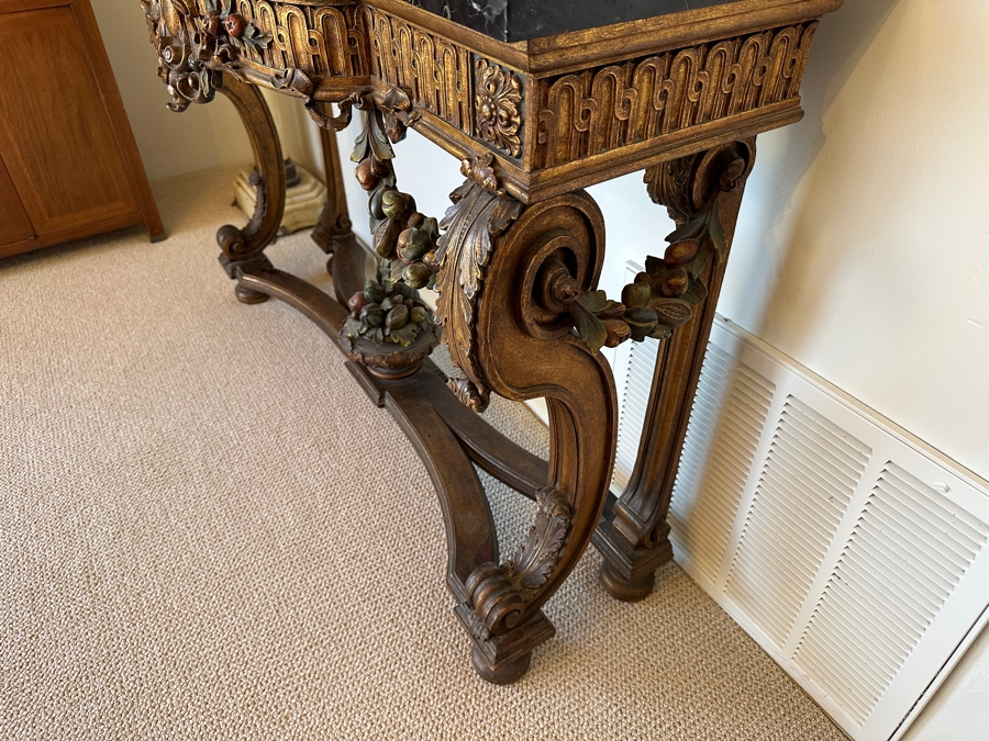 Stunning Antique Carved Wooden Polychrome Console Table With Marble Top 51W X 18D X 34.5H [Photo 9]