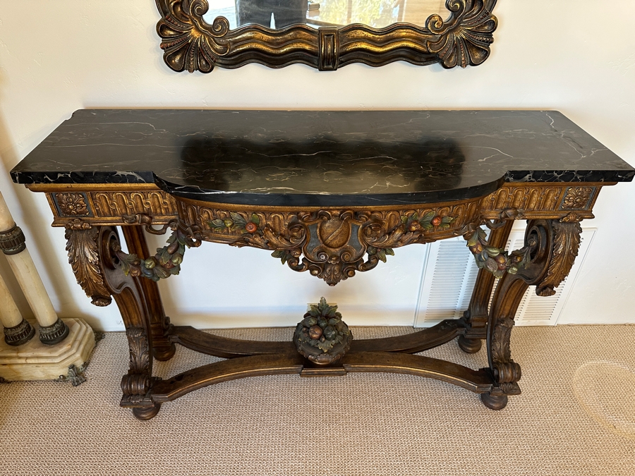 Stunning Antique Carved Wooden Polychrome Console Table With Marble Top 51W X 18D X 34.5H [Photo 4]