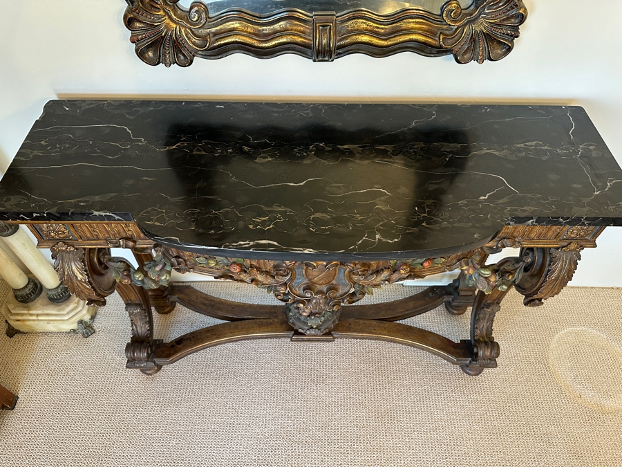 Stunning Antique Carved Wooden Polychrome Console Table With Marble Top 51W X 18D X 34.5H [Photo 8]