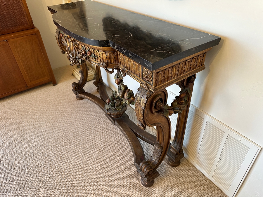 Stunning Antique Carved Wooden Polychrome Console Table With Marble Top 51W X 18D X 34.5H [Photo 10]