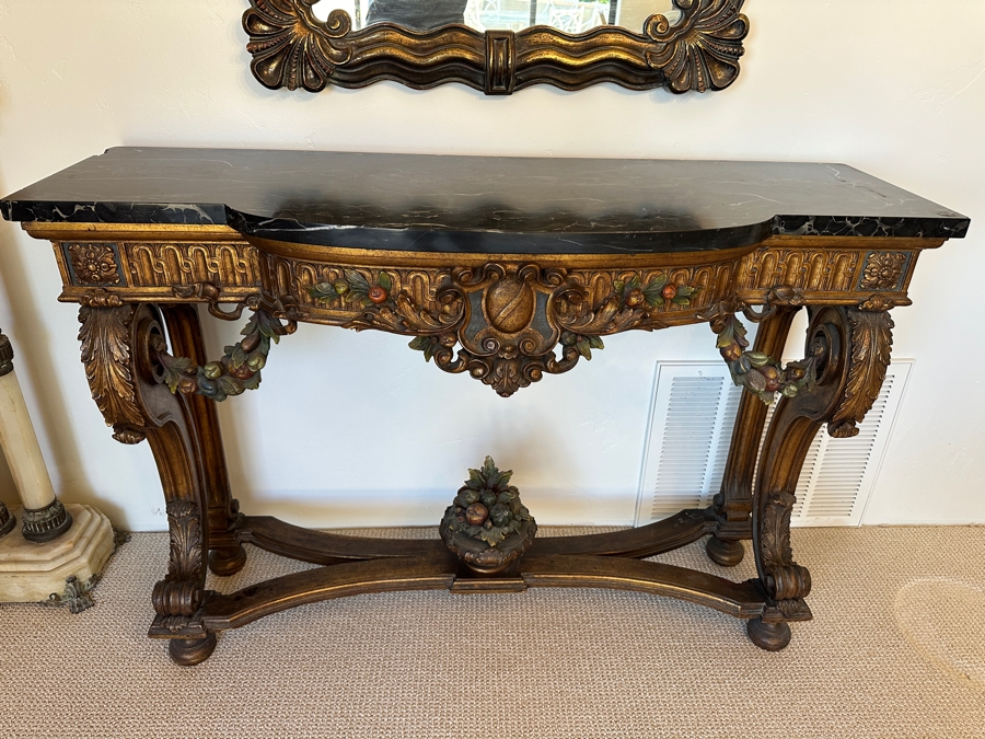 Stunning Antique Carved Wooden Polychrome Console Table With Marble Top 51W X 18D X 34.5H [Photo 3]